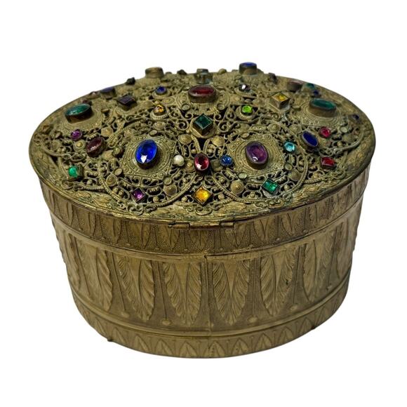 1920s Antique Vintage AUSTRIAN Brass Rhinestone Key Wind Up Musical Jewelry Box - Picture 1 of 16